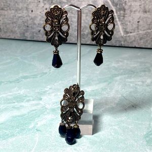 Sweet Romance made in the USA bronze tone and black clip on earrings and pendant